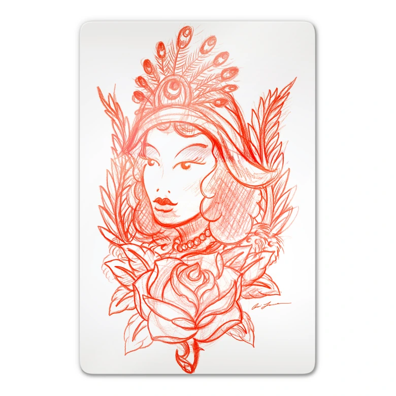 Glasbild Miami Ink Frau mit Pfauenfedern 