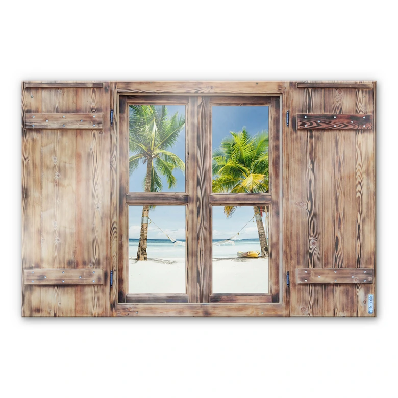 Glasbild 3D Holzfenster - Hammock in Paradise 