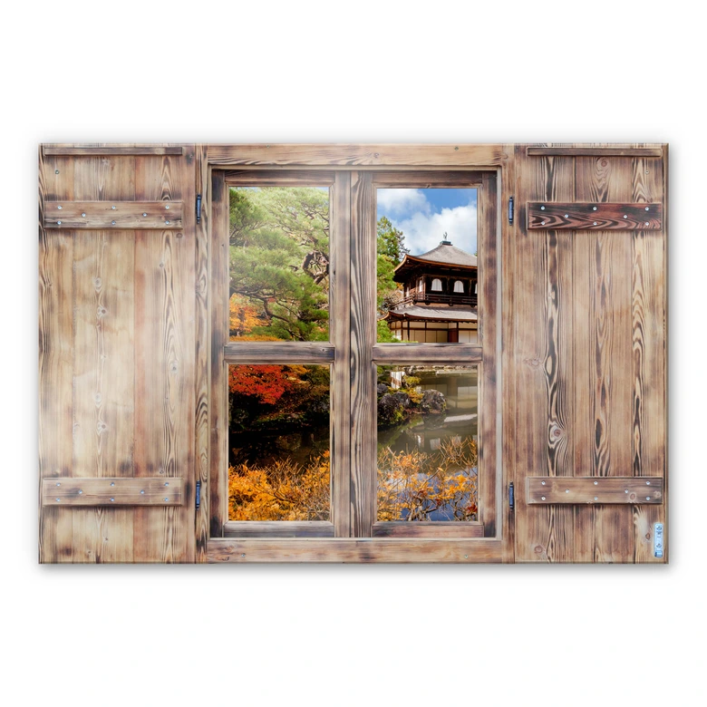 Glasbild 3D Holzfenster - Japanischer Tempel 