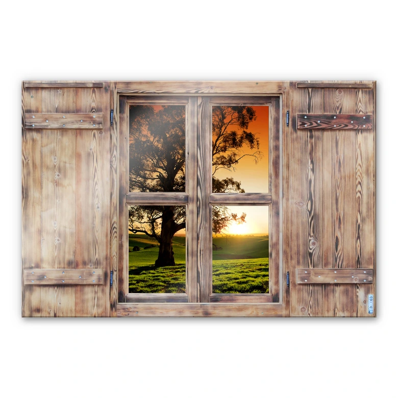 Glasbild 3D Holzfenster - Sonnenuntergang über den Hügeln 