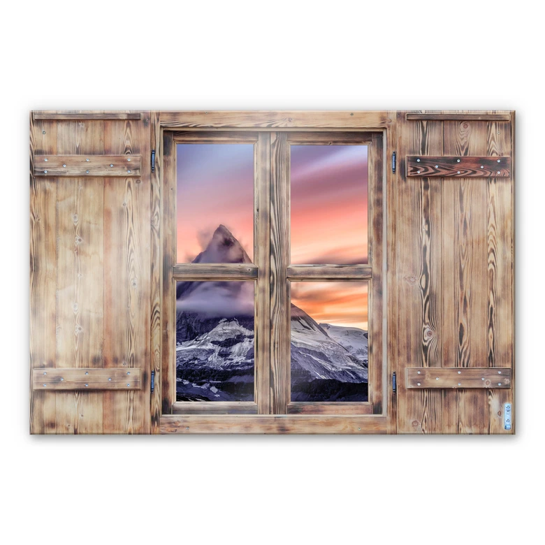Glasbild 3D Holzfenster - Top of the mountain 