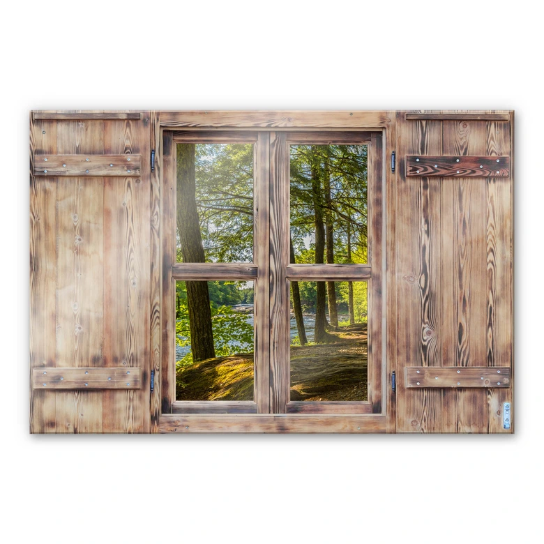 Glasbild 3D Holzfenster - Waldweg am Fluss 