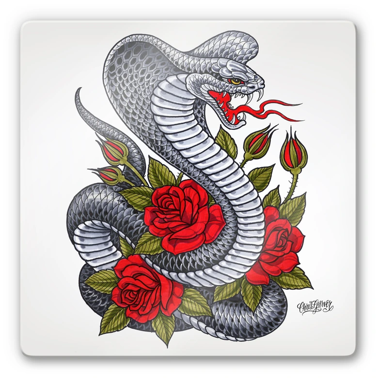Glasbild Miami Ink Kobra mit Rosen 