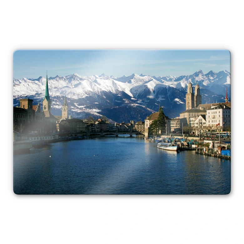Glasbild Zürichsee mit Alpen 