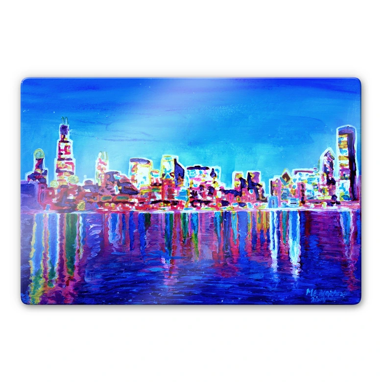 Glasbild Bleichner - Chicago im Neonschimmer 