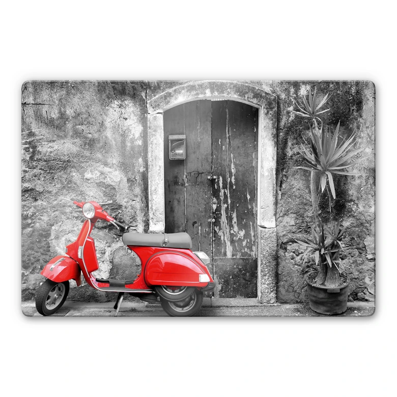 Glasbild Red Scooter schwarz-weiß 