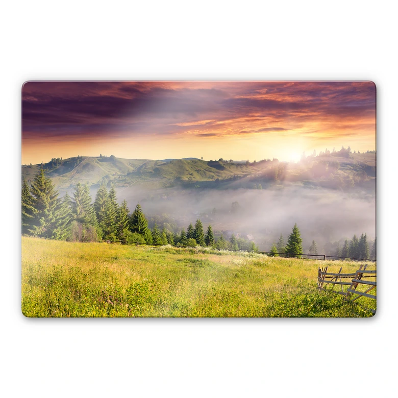 Mountain valley in fog Glass art 