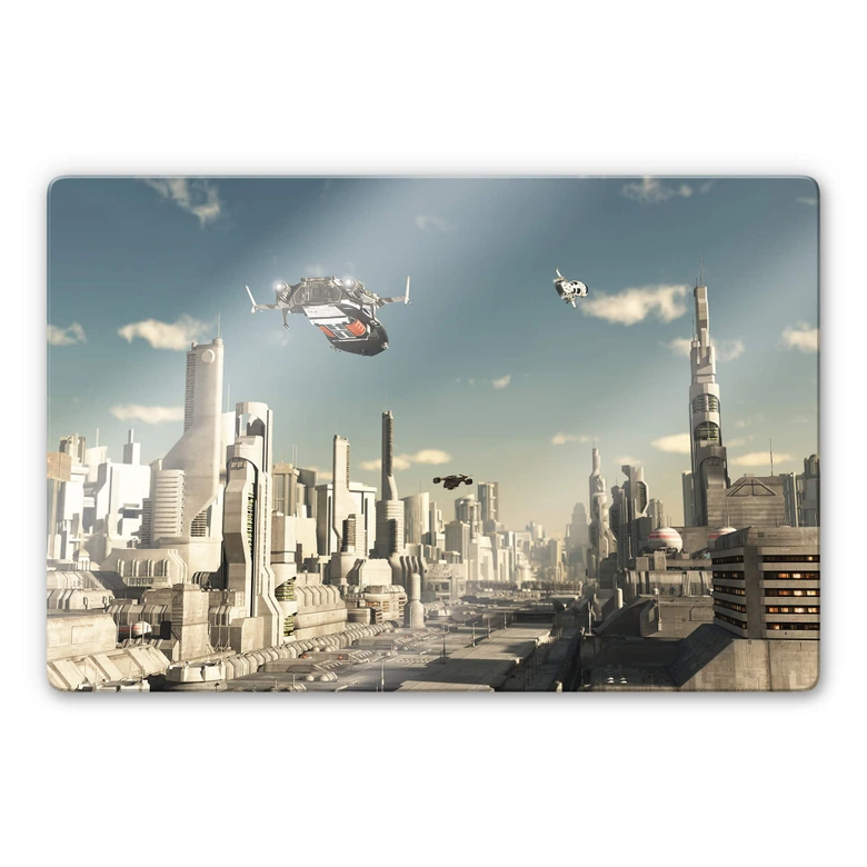 Glasbild - 3D Landeanflug Sci-Fi Stadt 