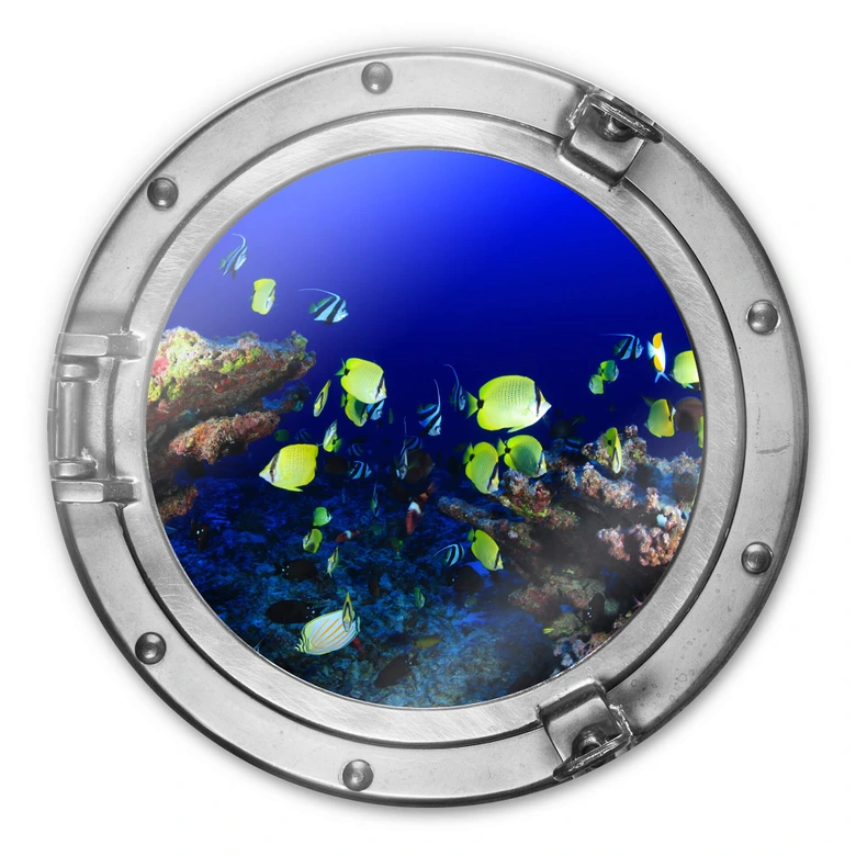 Glasbild rund 3D-Optik Bullauge - Bunte Wasserwelt - neongelbe Fische 