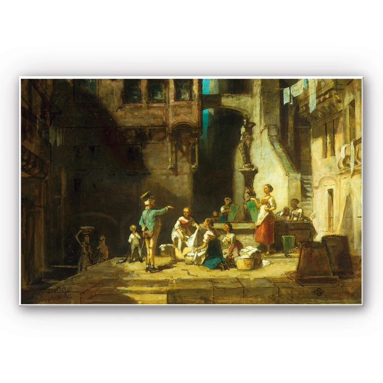Wandbild Spitzweg - Wäscherinnen am Brunnen 