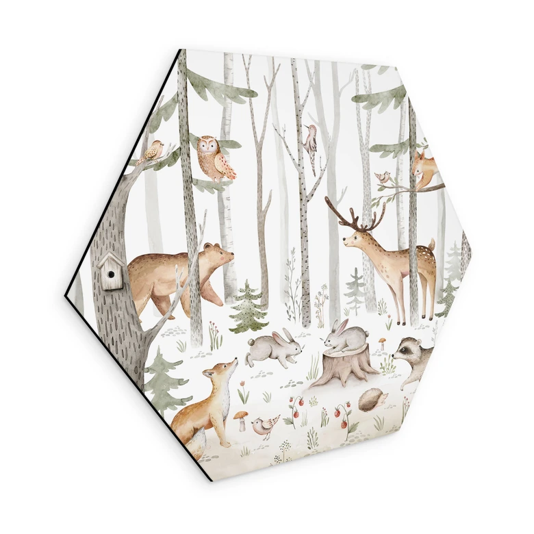 Hexagon Wandbild Abenteuer mit Waldtieren - Kvilis - Alu-Dibond 
