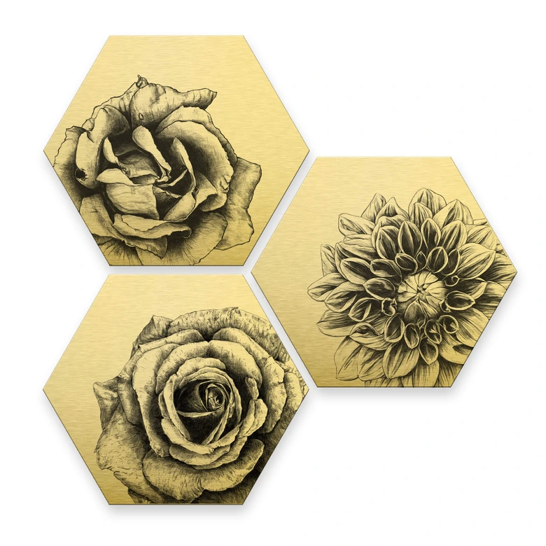 Hexagon - Alu-Dibond-Goldeffekt Kools - Flowery 3er Set 