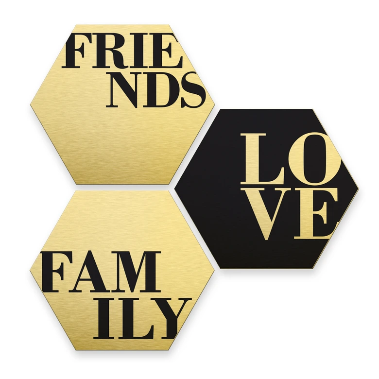 Hexagone - Alu-Dibond-Effet doré - Love, Friends, Family (Set de 3) 