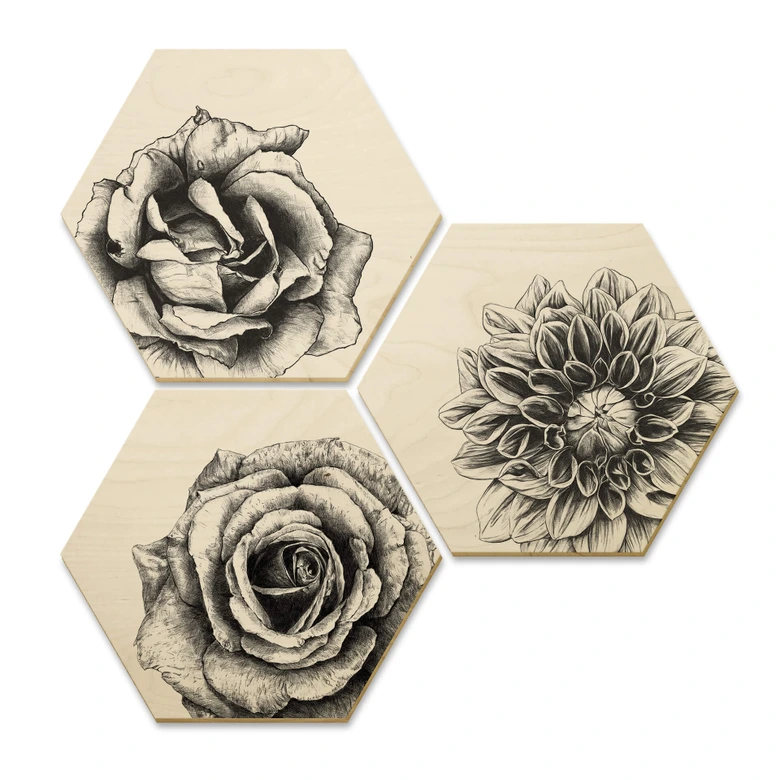 Hexagon - Holz Birke-Furnier Kools - Flowery 3er Set 