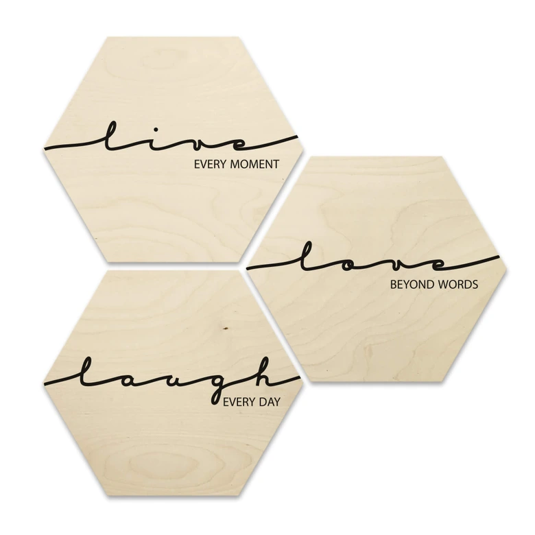 Hexagon - Holz Birke-Furnier - Live Laugh Love (3er Set) 