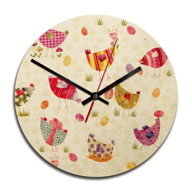 Horloge murale en bois - Blanz - Poules colorées 