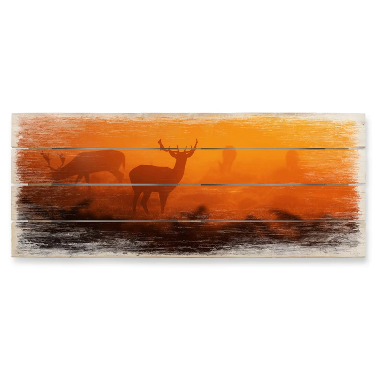 Holzbild Hirsche im Sonnenuntergang - 100x40 cm 