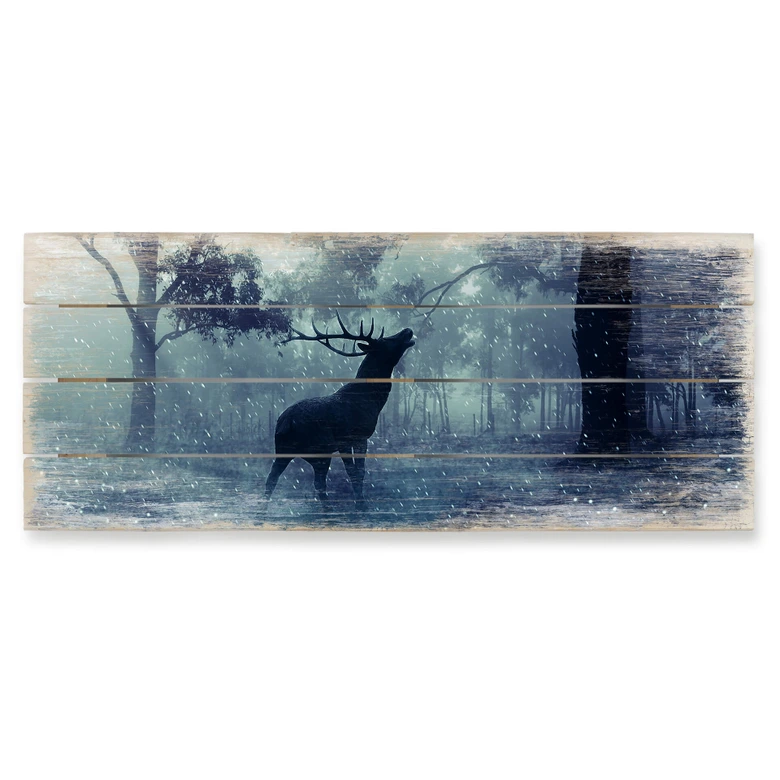 Holzbild Hirsch im Morgenwald - Panorama 