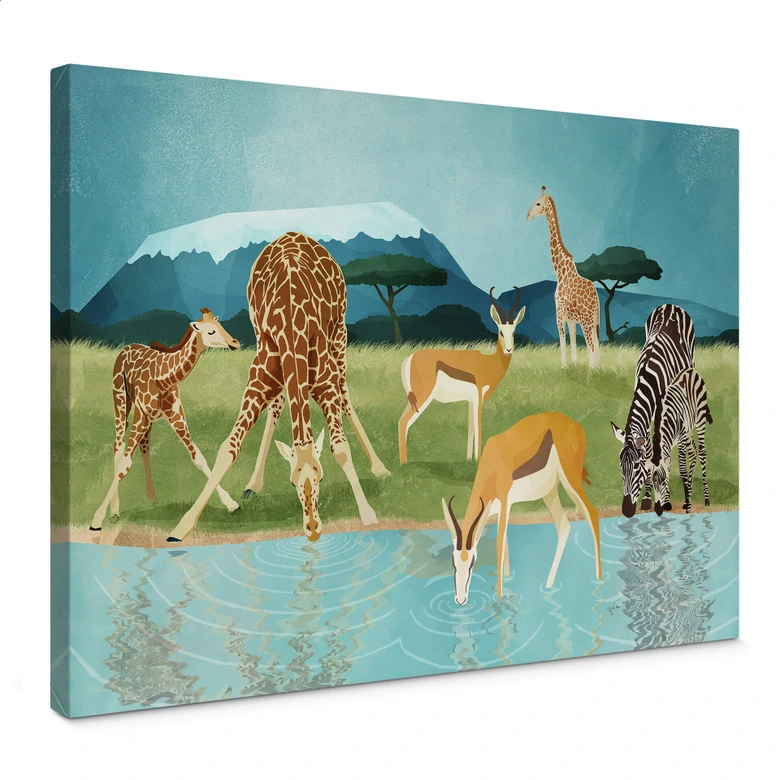 Leinwandbild Goed Blauw - Tiere am Wasserloch 