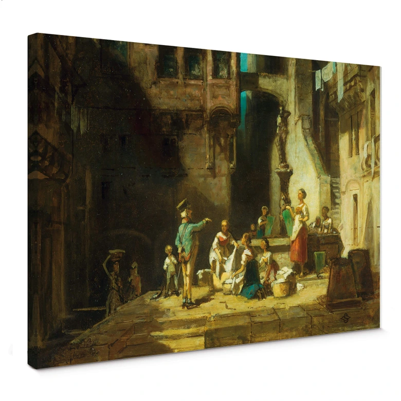 Leinwandbild Spitzweg - Wäscherinnen am Brunnen 