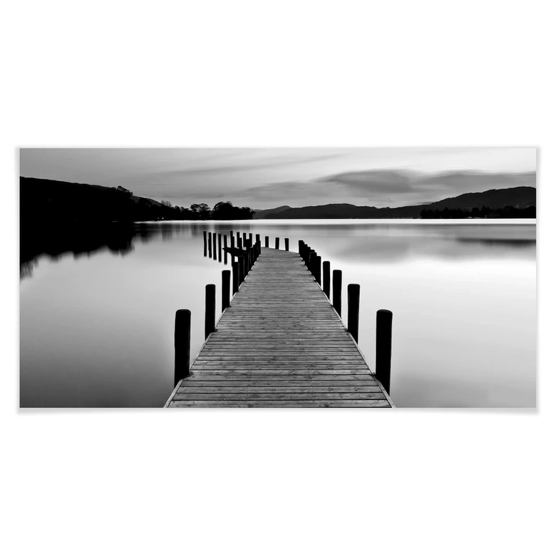 Plakat panorama jeziora - czarno-biały 