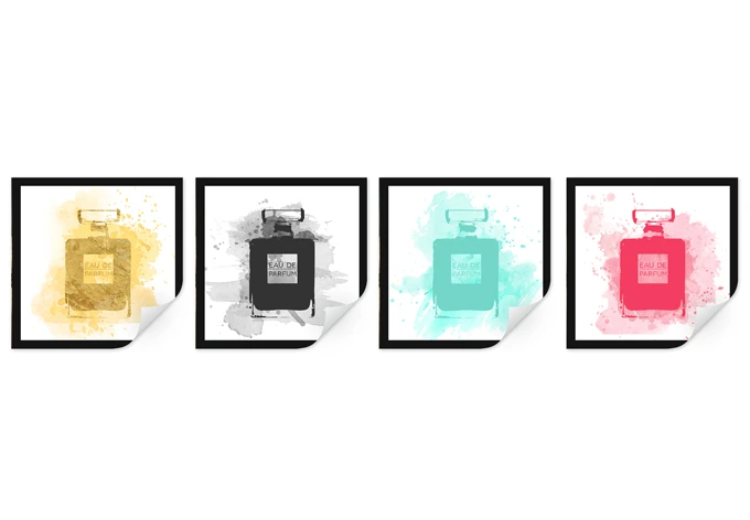 Wallprint - Eau de Parfum Aquarell Bunt (4-teilig) 