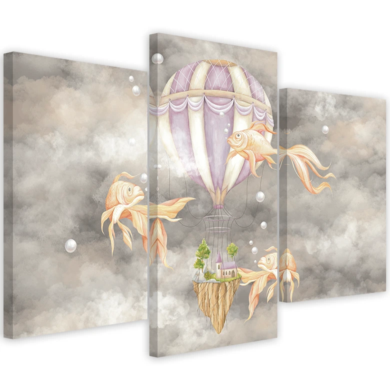 Leinwandbild 3 teilig, Heißluftballon fliegendes Haus und Fisch 