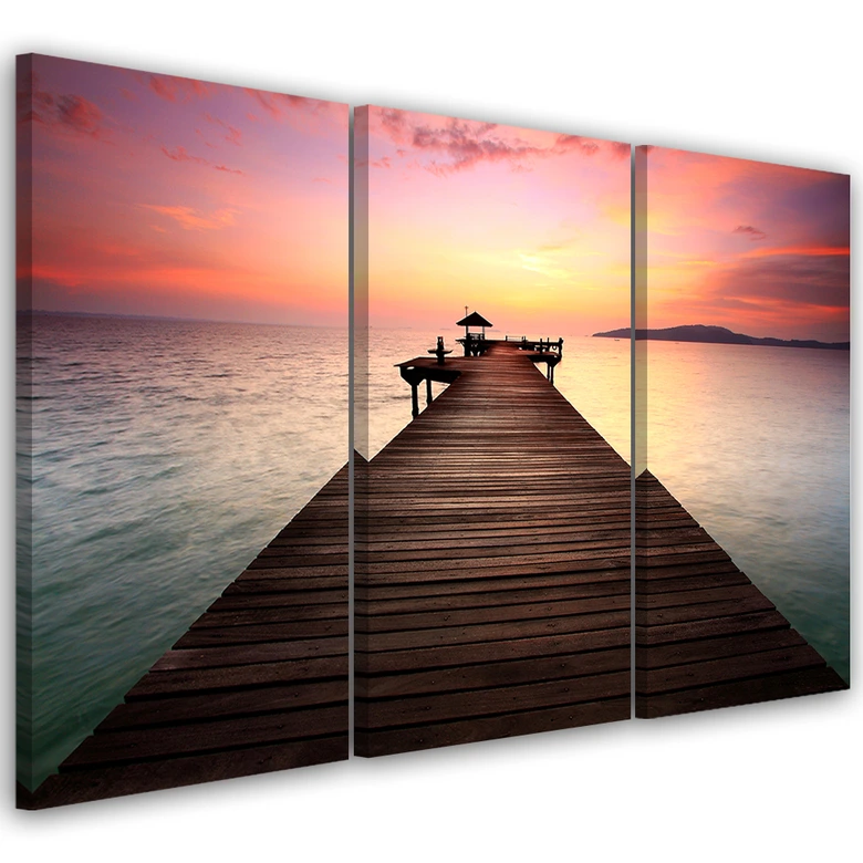 Leinwandbild 3-teilig, Steg bei Sonnenuntergang 