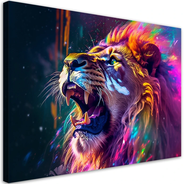 Leinwandbild, Löwe Brüllen Neon Abstraktion 