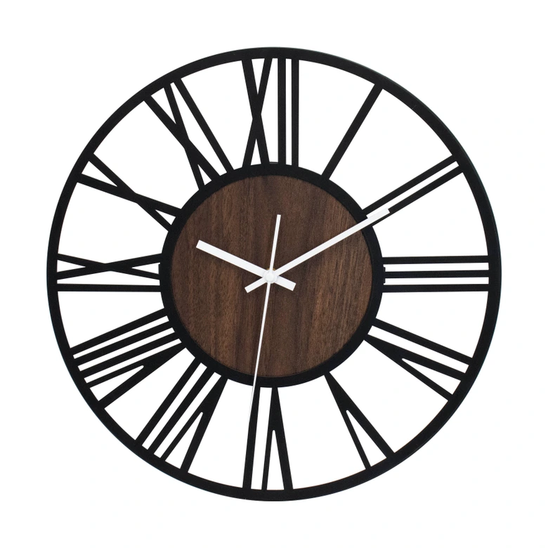 Design wall clock Wood & Steel with walnut wood look and Roman numerals Ø40 cm 