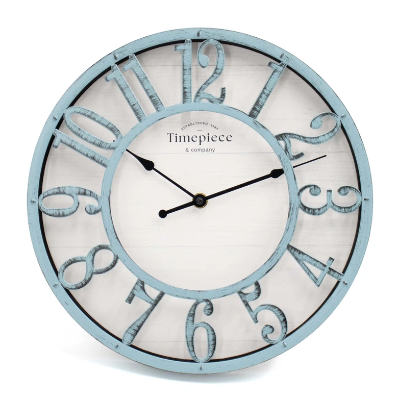 Shabby Chic Wanduhr Metall-Holz Optik in Vintage Blau Ø30cm 