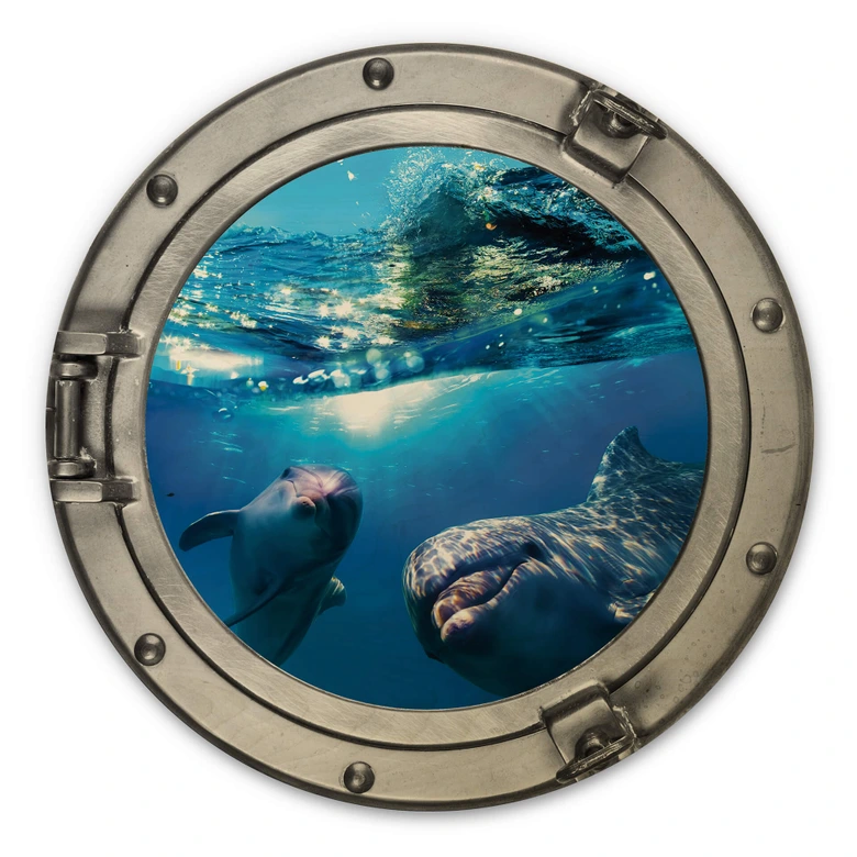 Holzbild 3D Optik - Dolphins Underwater - Rund 