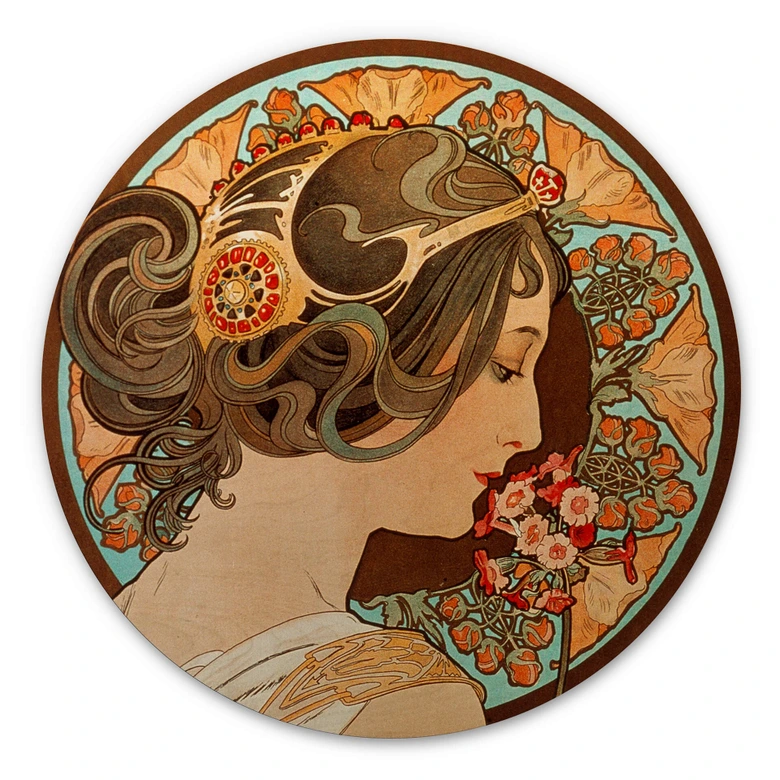 Tableau sur bois Mucha - La primevère - Rond 