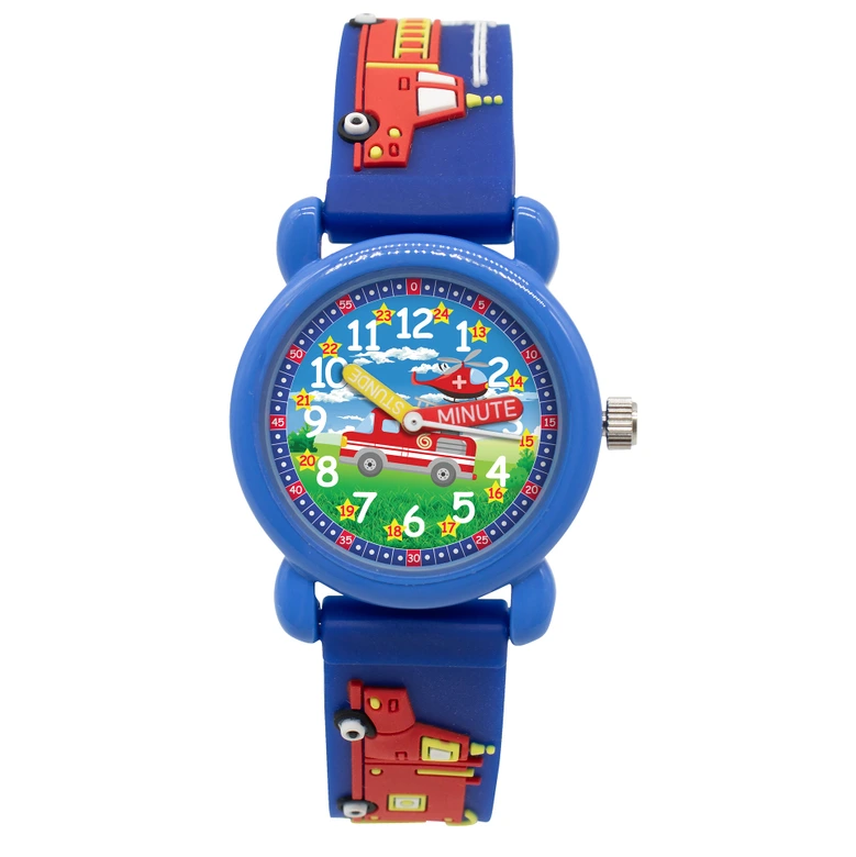 Kinder Armbanduhr - Lernuhr analog aus Silikon - Feuerwehrauto blau 