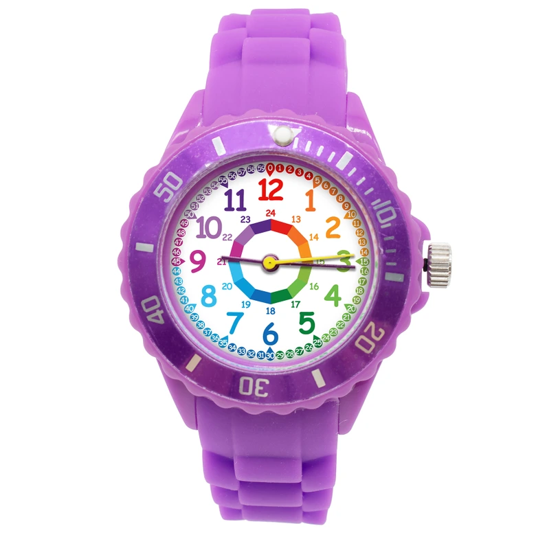 Zegarek na rękę dla dzieci - analogowy zegarek edukacyjny wykonany z silikonu - fioletowy z tęczową tarczą 