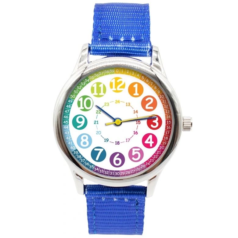 Kinder Armbanduhr - Lernuhr analog - Blau mit Regenbogen Zifferblatt 