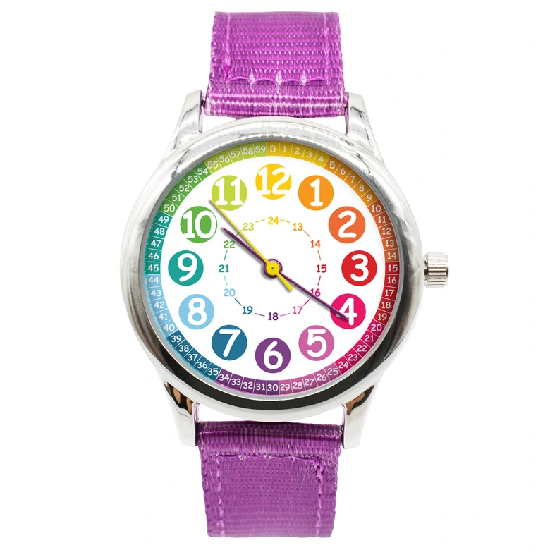 Kinder Armbanduhr - Lernuhr analog - Violett mit Regenbogen Zifferblatt 