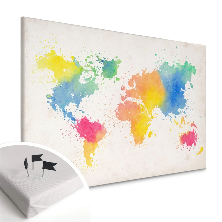 Canvas Prikbord - Wereldkaart Aquarel 