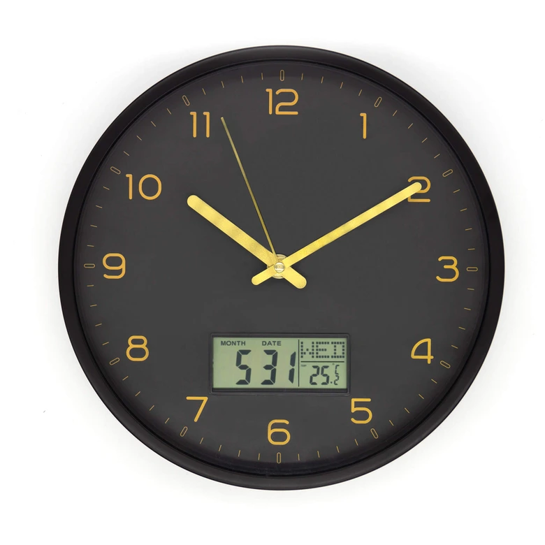 Analoge Wanduhr mit Digitalanzeige Schwarz-Gold Ø 25 cm 