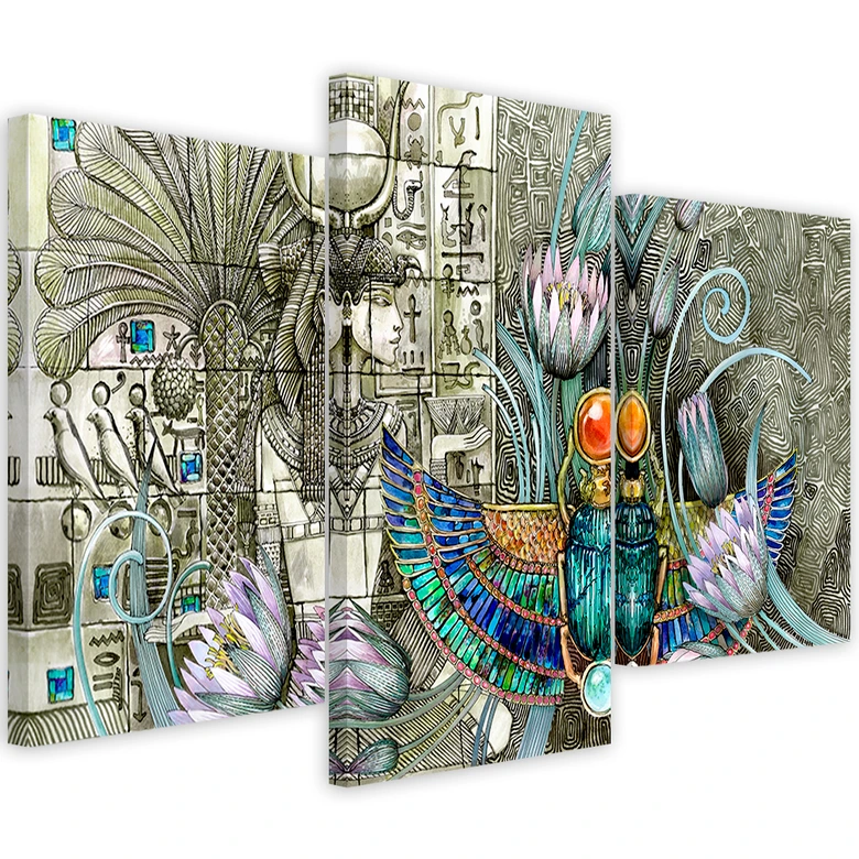 Leinwandbild 3 teilig, Ägyptische Hieroglyphen und Skarabäen 