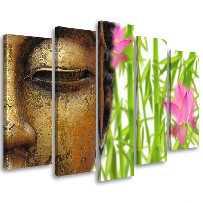 Leinwandbild 5 teilig, Buddha Bambus Zen Gold 