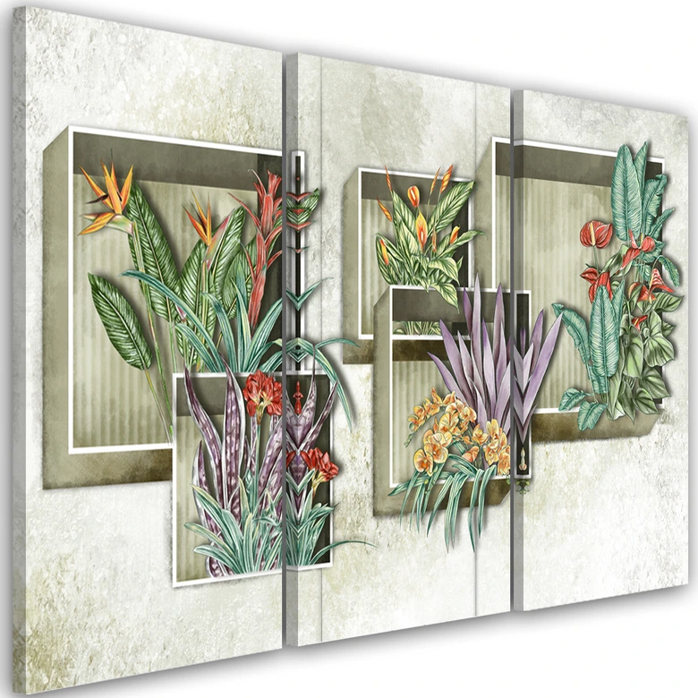 Leinwandbild 3 teilig, Quadratkisten Regale mit Blumen 