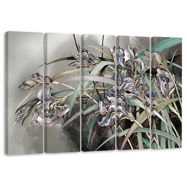 Leinwandbild 5 teilig, Iris Blumen im Wind 