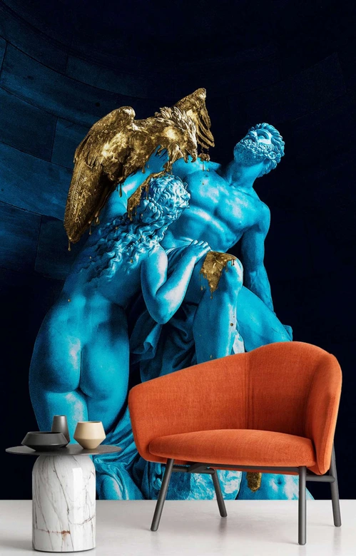 Fototapete, Blaue Figuren und ein goldener Vogel 