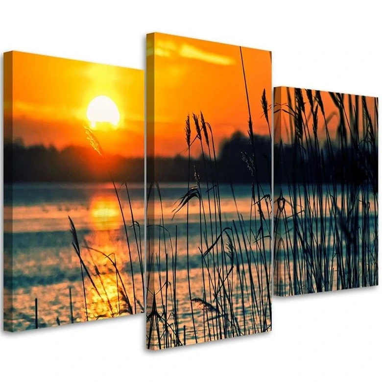 Leinwandbild 3-teilig, Sonnenuntergang See Gras Natur 
