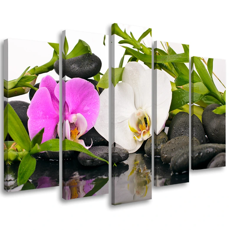 Wandbild 5-teilig, Zen Blumen Bambus Stein 