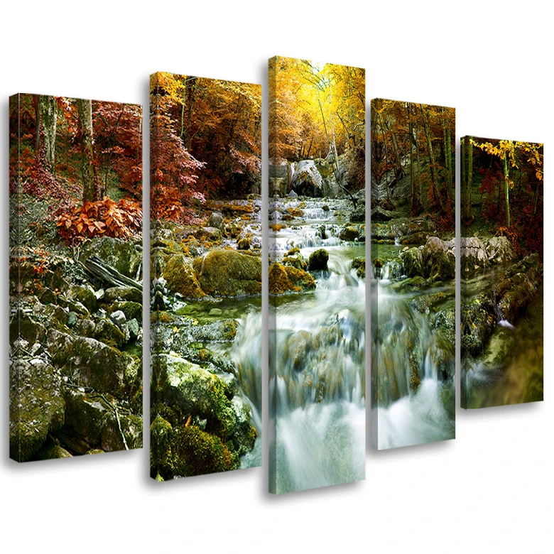 Leinwandbild 5 teilig, Herbst Wald Wasserfall Felsen 