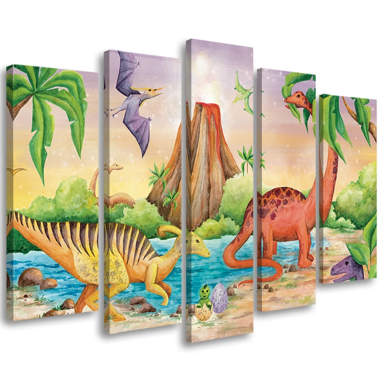 Leinwandbild 5 teilig, Dinosaurier am See 