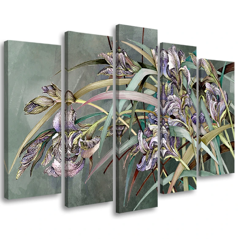 Leinwandbild 5 teilig, Iris Blumen im Wind 