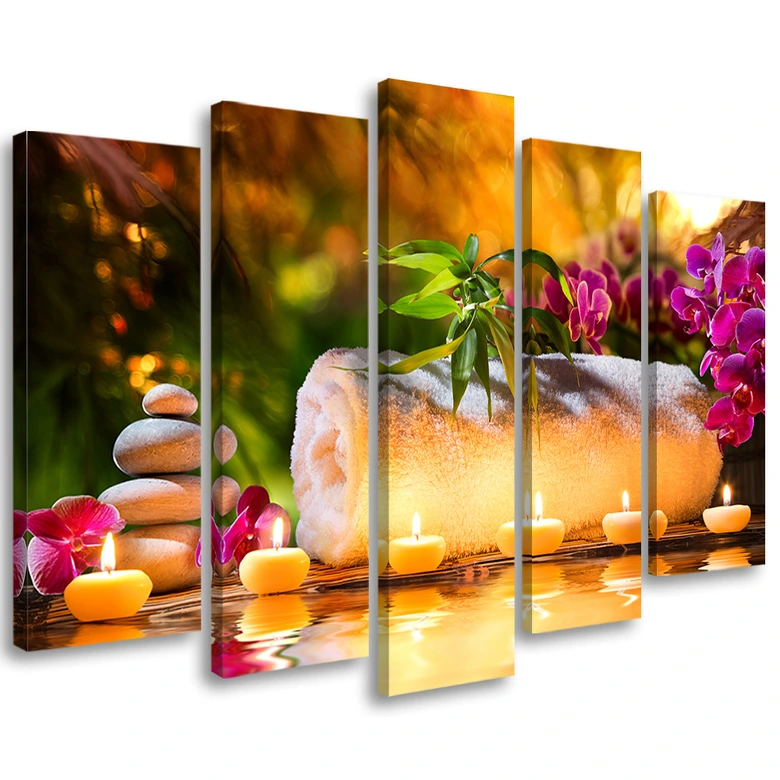 Leinwandbild 5 teilig, Zen Orchidee Steine Kerzen 